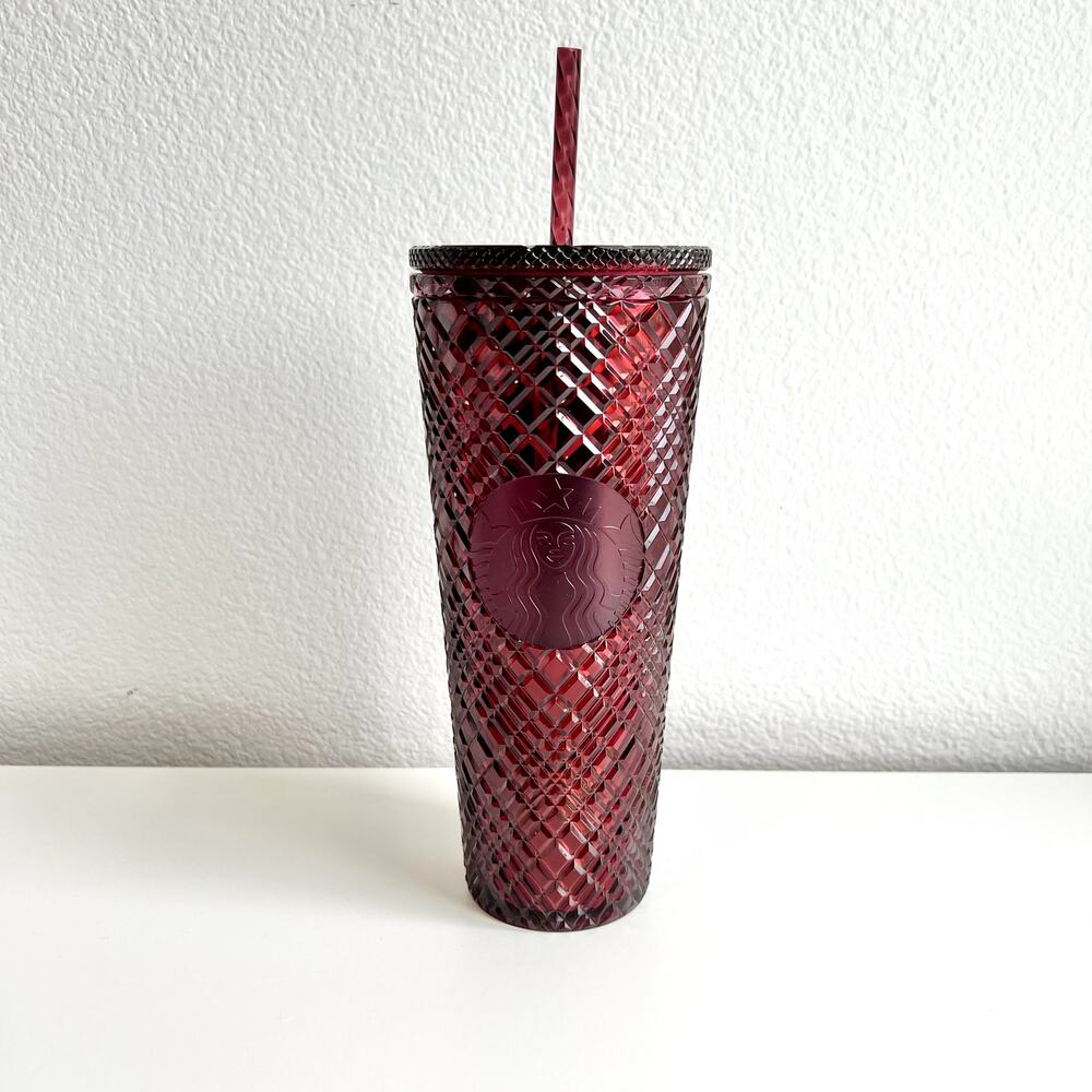 NEW 2022 Starbucks 24oz Cold Drink Cup Diamond Studded Tumbler Gift - Red